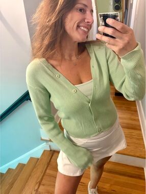 Vintage Y2K GAP Mint Green Ribbed Cotton Cardigan Sweater Size M 90s